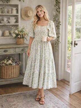 Neuflora Blue Floral Vermont Dress Large Lavender Tiered Smocked Midi Cottage
